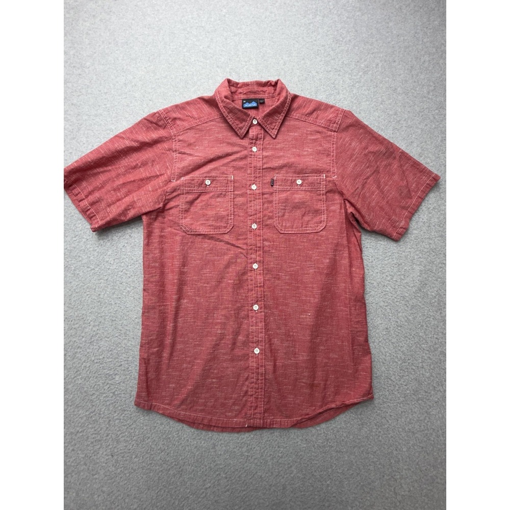 KAVU Shirt Mens Medium‎ Red Solid Short Sleeve Button Front Cotton Casual